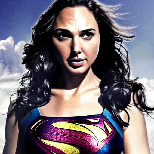Image similar to an potrait of gal gadot cast of movie man of steel and wearing a superman suit, photorealistic high detail, full body shot, .