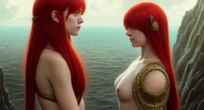 Prompt: mage floating casting, red hair straight bangs wearing ivory carved bone armor, ocean utopia, movie action still frame, ultra wide horizon, intricate, elegant, highly detailed, hyperreal highly detailed 8 k, digital painting, concept art, smooth, sharp, focus, illustration, art by artgerm, greg rutkowski, ilya kuvshinov, alphonse mucha