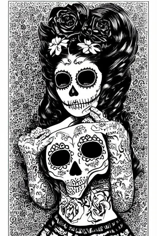 Image similar to Illustration of a sugar skull day of the dead girl, art by virgil finlay