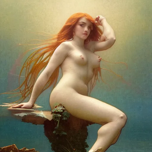 Prompt: beautiful mermaid sticking her head above the water, intricate, art by artgerm and greg rutkowski and alphonse mucha and william - adolphe bouguereau, high detailed, 4 k,