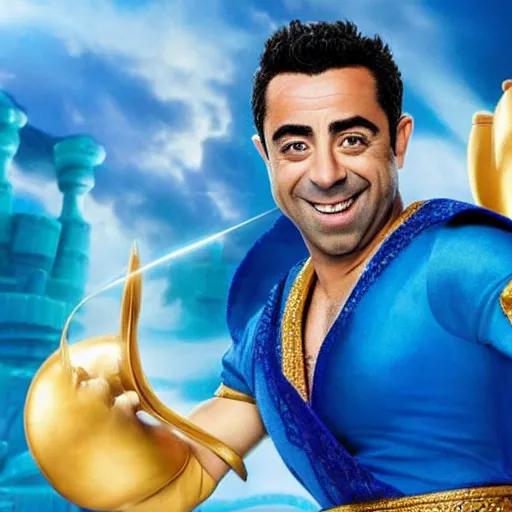 Prompt: HQ Still of Xavi Hernandez as the genie in Aladdin (2019)