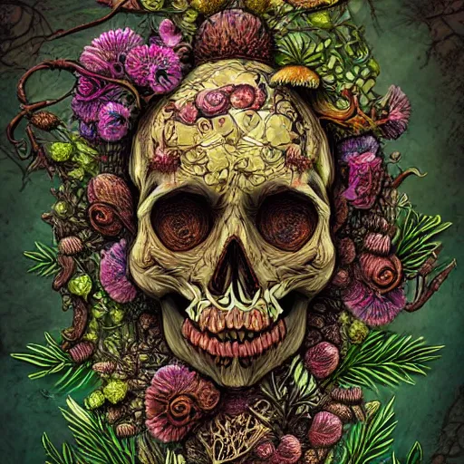 Prompt: detailed rotten skull corpse with fractal plants and fractal flowers and mushrooms growing around, symmetrical, ornate, ornamentation, illustration, in the style of onz_blk