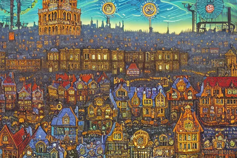 Prompt: clockwork victorian cityscape by Louis Wain (1920) and Dan Mumford