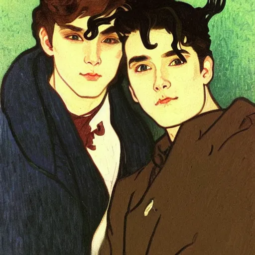 Image similar to painting of young cute handsome beautiful dark medium wavy hair man in his 2 0 s named shadow taehyung and cute handsome beautiful min - jun together at the halloween! party, bubbling cauldron!, candles!, smoke, autumn! colors, elegant, wearing suits!, clothes!, delicate facial features, art by alphonse mucha, vincent van gogh, egon schiele