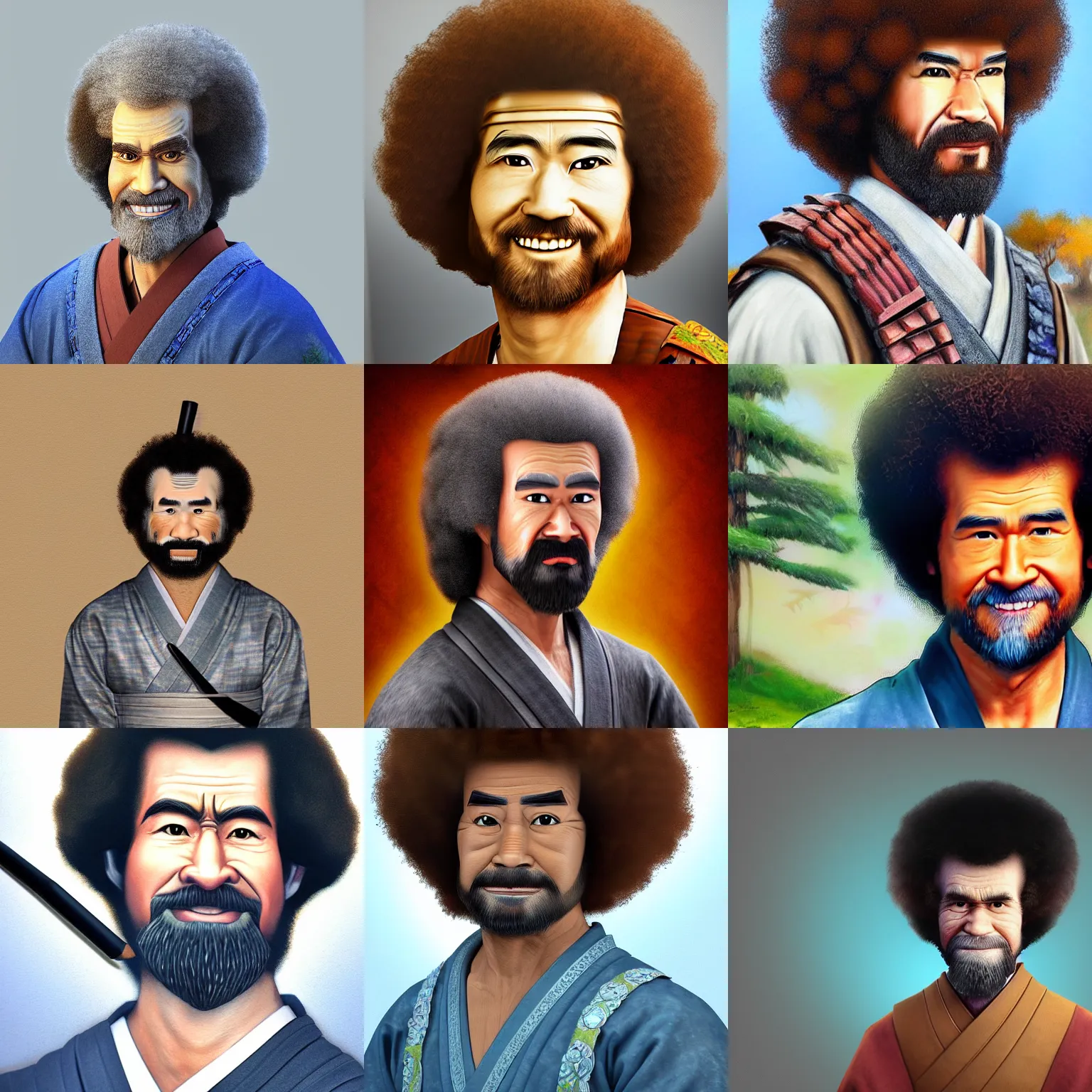 Prompt: realistic detailed photo portrait of a Samurai Bob Ross