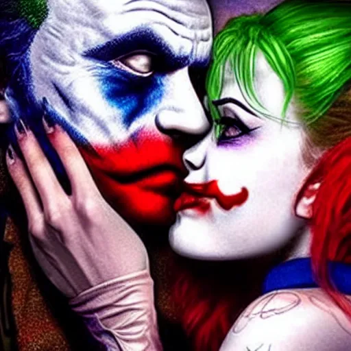 Image similar to Harley Quinn kissing the joker, realistic, highly detailed