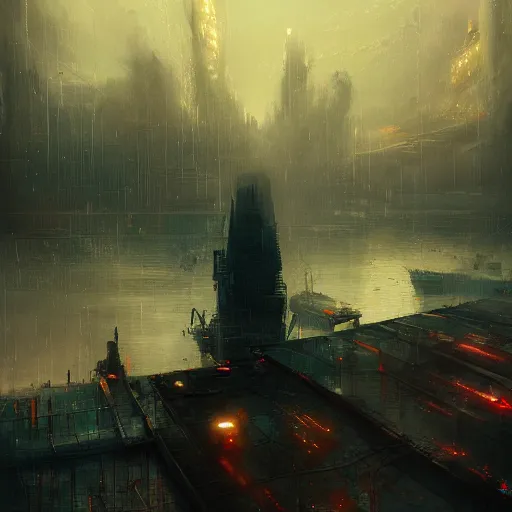 Image similar to the sky above the port was the color of television tuned to a dead channel, neuromancer, painted by greg rutkowski, painted by igor kieryluk, high detail, dramatic light, digital art, trending on artstation