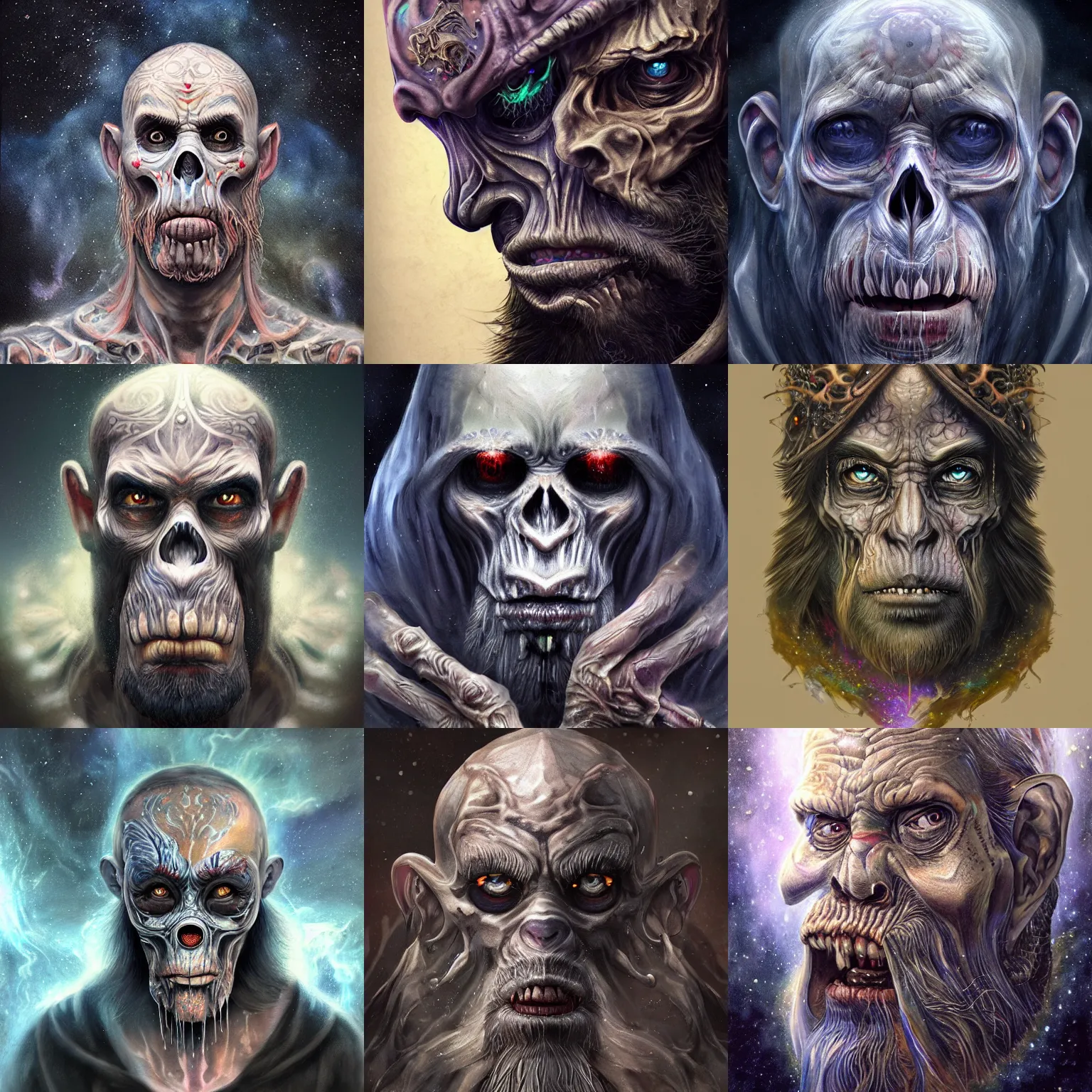Image similar to a wlop 3 d render of very very very very highly detailed beautiful mystic portrait of a phantom undead ape with whirling galaxy around, tattoos by anton pieck, intricate, extremely detailed, digital painting, artstation, concept art, smooth, sharp focus, illustration, intimidating lighting, incredible art,