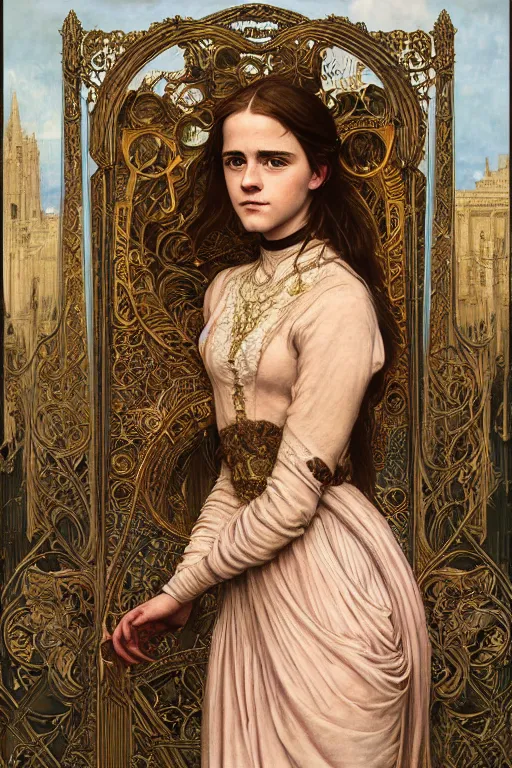 Prompt: a full body art nouveau portrait of a 16-year old girl who resembles Emma Watson, Saoirse Ronan and Anya Taylor Joy, ornate intricate golden battle armor, intricate, elegant, highly detailed, digital painting, artstation, concept art, smooth, sharp focus, illustration, art by John William Waterhouse and greg rutkowski and Donato Giancola and alphonse mucha