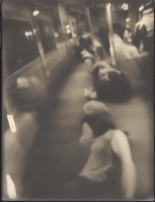 Image similar to wide angle, low angle view polaroid photo with flash, in nyc subway woman sleeping on a shoulder of a male stranger, in a metro, cool colors, bleached strong lights, kodak film stock, hyper real, stunning moody cinematography, with anamorphic lenses, by maripol, detailed