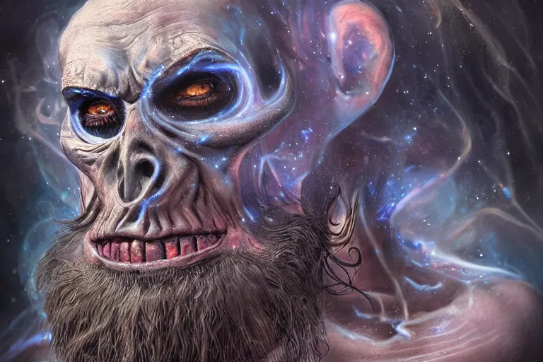 Image similar to a wlop 3 d render of very very very very highly detailed beautiful mystic portrait of a phantom undead mage ape with whirling galaxy around, tattoos by anton pieck, intricate, extremely detailed, digital painting, artstation, concept art, smooth, sharp focus, illustration, intimidating lighting, incredible art,