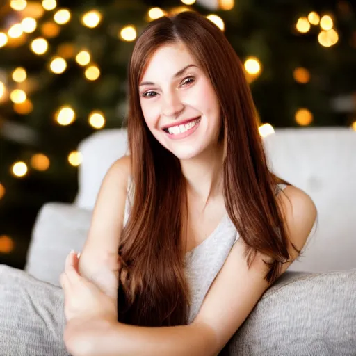 Image similar to Photo of a cute young woman smiling, long shiny bronze brown hair, full round face, green eyes, medium skin tone, light cute freckles, smiling softly, wearing casual clothing, relaxing on a modern couch, interior lighting, cozy living room background, medium shot, mid-shot, soft focus, professional photography, Portra 400