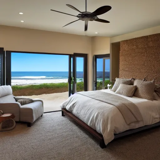 Prompt: bedroom with earth tones interior, Beach Front