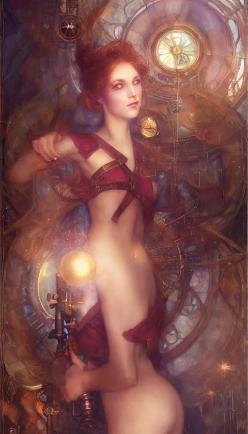 Image similar to hyper realistic photographer looking through camera, magical, steampunk, painted by tom bagshaw, mucha, gaston bussiere, craig mullins, j. c. leyendecker 8 k