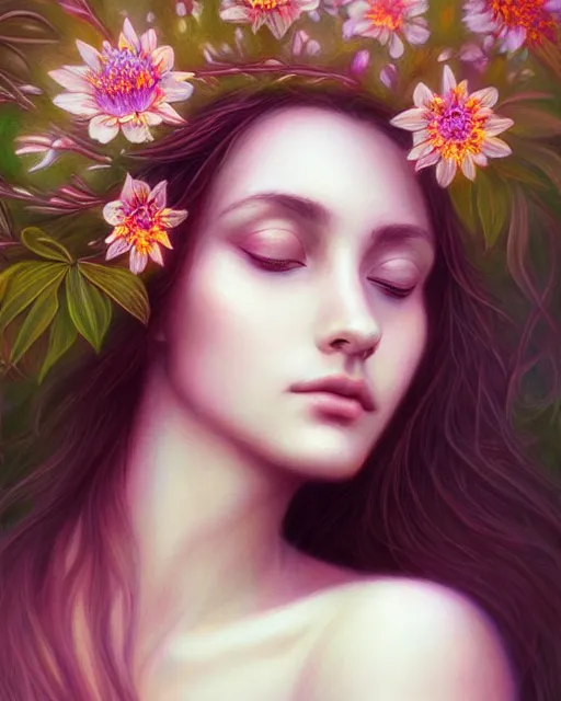 Image similar to portrait of a beautiful goddess of nature, graceful beauty, esoteric, nature and floral aesthetics, other worldly colors, head in focus, intricate, elegant, highly detailed, artstation, artistic, concept art, painterly, sharp focus, art style by emilia elfe