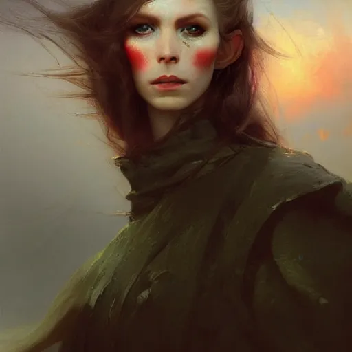 Image similar to three-quarters portait of an rogue girl with flowing brown hair, elf ears, david bowie eyes, heterochromia, highly detailed, painted, hyper-realistic, epic brushwork, 8k, surrealism, by Ivan Aivazovsky; by Aleksi Briclot; by Marc Simonetti