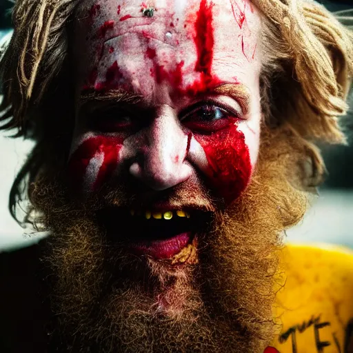 Prompt: film still photo portrait of a crazed homeless beaten up ronald mcdonald with heavy wrinkles and a beard, realistic, hyperrealistic, 8 k resolution, hd quality, very detailed, highly detailed, intricate details, real life, real world, trending on artstation, digital art, really realistic, very realistic, headshot, head in frame, photograph, portrait