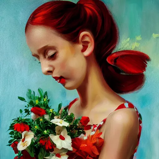 Prompt: a young girl portrait with porcelain face and red hair of two ponytails flying in the wind, dressed in a vintage dress, holding flowers in her hands having closer a parrot gold cage, conceptual art, oil painting, svetlana melik - nubarovas style