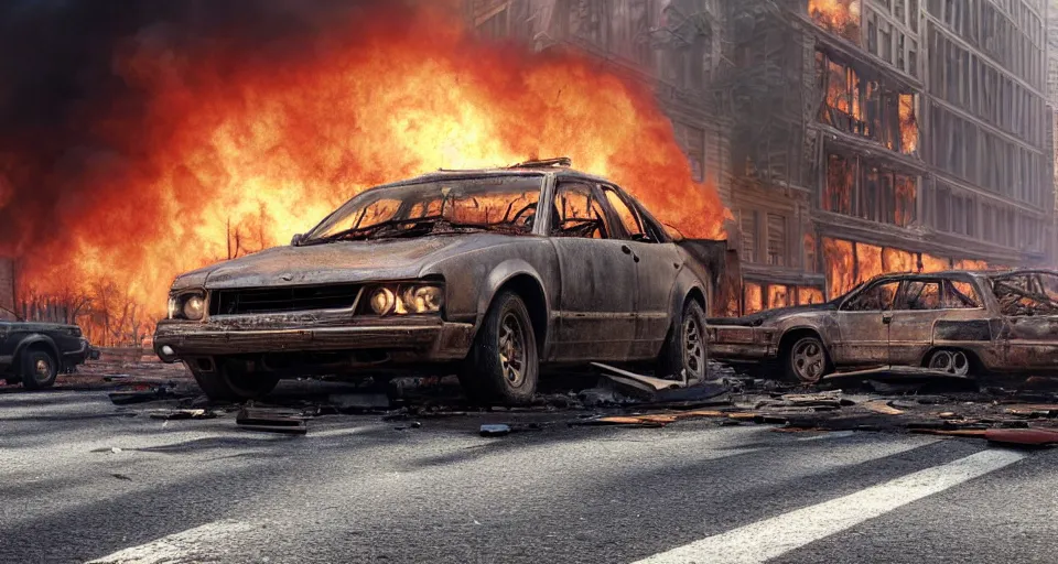 Image similar to A beautiful hyper realistic ultra detailed lifelike matte painting of a scruffy grey Timber Wolf standing in the middle of a destroyed New York City street with cars and buildings engulfed in flames on fire, unreal engine, deviantart, flickr, artstation, octane render, dimly lit, textured, colorful, extreme realistic detail, physically based rendering, pbr render, very detailed, volumetric lighting, detailed lighting, octane render, 4k, cinematic lighting, 8k resolution