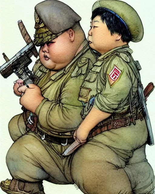 Image similar to a realistic and atmospheric watercolour fantasy character concept art portrait of a fat adorable chibi pugs as soldiers in vietnam, by rebecca guay, michael kaluta, charles vess and jean moebius giraud