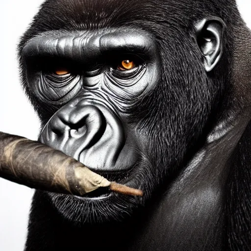 Image similar to a professional, award-winning photograph of a gorilla wearing a suit and smoking a cigar, chiaroscuro