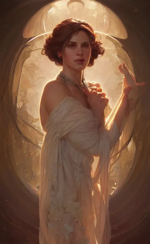 Prompt: portrait of a light witch, kind, loving, elegant, faithful, hopeful, intricate, headshot, highly detailed, digital painting, artstation, concept art, sharp focus, cinematic lighting, illustration, art by artgerm and greg rutkowski, alphonse mucha, cgsociety