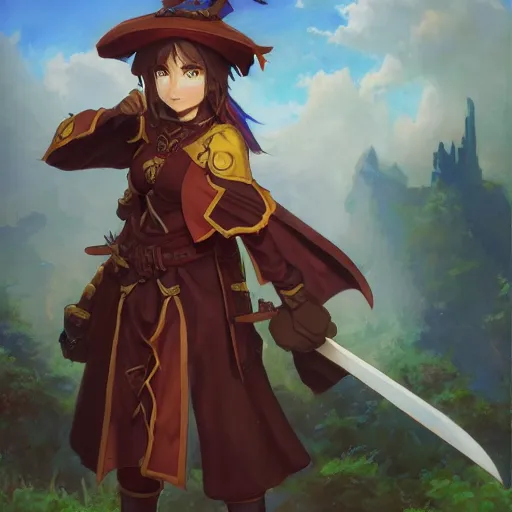 Image similar to megumin from konosuba as a fantasy D&D character portrait art by Donato Giancola and Bayard Wu, digital art, trending on artstation, 4k