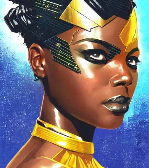 Prompt: african female android, by MARVEL comics and Sandra Chevrier, 4k