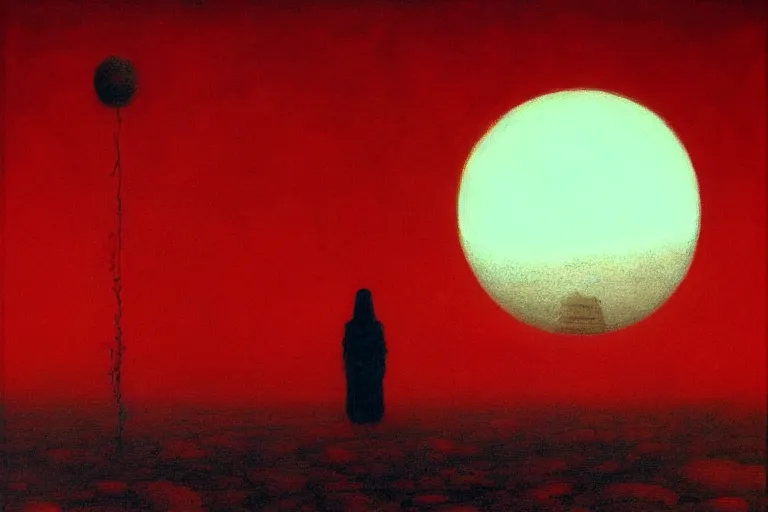 Image similar to only with red, a red shinigami eat apple, mars in background, an ancient path, in the style of beksinski, part by hopper, part by rodcenko, part by hofbauer, intricate composition, red by caravaggio, insanely quality, highly detailed, masterpiece, red light, artstation