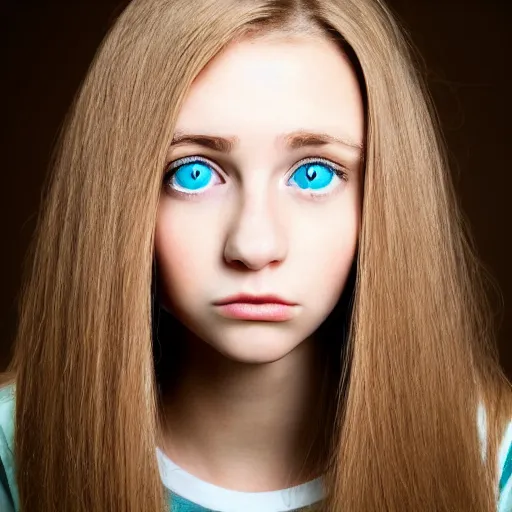 Image similar to brunette with dyed blonde hair, 15 years old, 155 cm tall, long flat hair, blonde, green big eyes, small nose, small mouth, round shaped face, big forehead, lop eared, full body shot, thin eyebrows, real life photograph