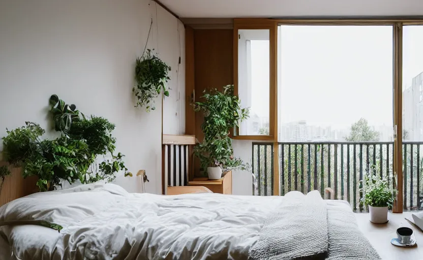 Image similar to a bright and cozy minimalist bedroom, white and pine wood, bed, cupboards, green potted plants, large window with a view of large concrete Japanese apartment blocks