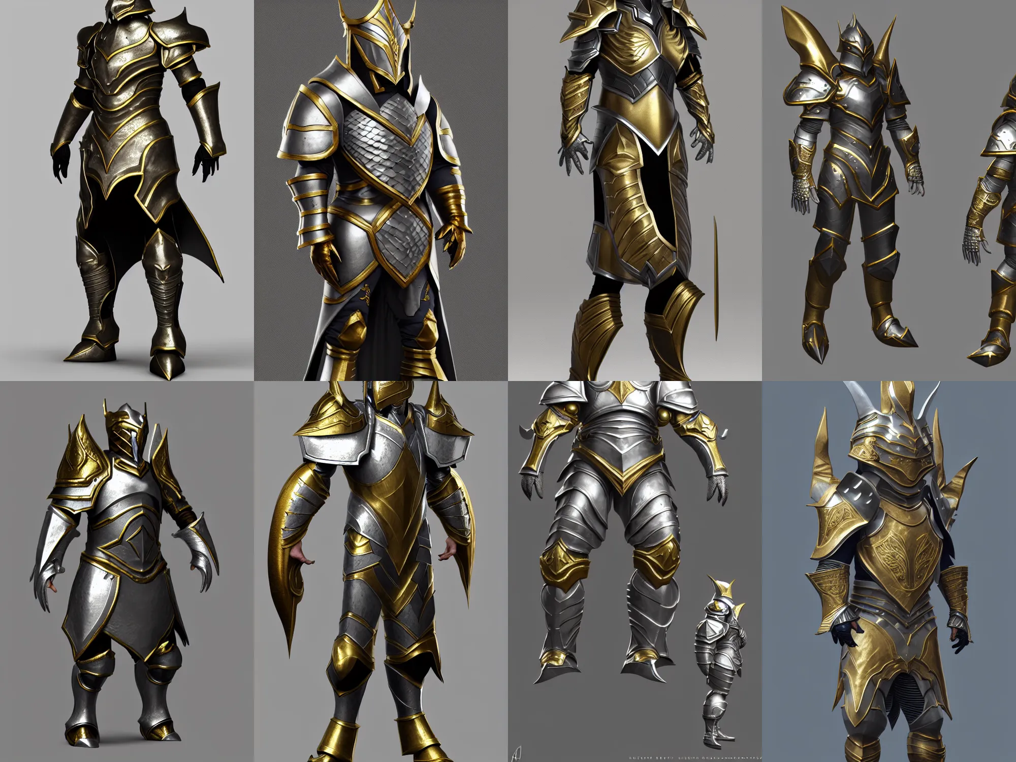 Prompt: render of heavy fantasy armor for a wizard, silver with gold trim, hyperrealistic, extremely clean, flat shading, exaggerated proportions, trending on Artstation, fantasy character concept, HD Octane render