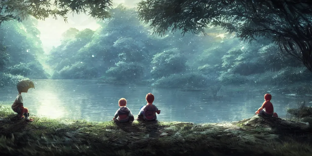 Image similar to a silver dragon and a boy sitting next to lake in forest, many fireflys, at night, concept art, dof, cryengine, digital art, detailed background, makoto shinkai