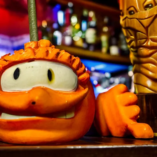 Image similar to a closeup photorealistic photograph of an orange garfield style tiki mug at a trader vic's bar with garfield's face on the front. tiki party. bright scene. fine detail. this 4 k hd image is trending on artstation, featured on behance, well - rendered, extra crisp, features intricate detail, epic composition and the style of unreal engine.