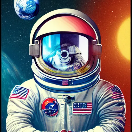 Image similar to astronaut drifting in space staring back at the earth in the style of Alexei Vella