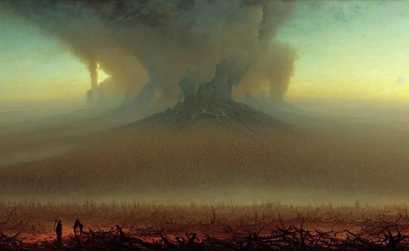 Image similar to a plague of locusts over burning forest. desolate landscape. fields on fire. greg rutkowski gustave dore caspar david friedrich dystopian hyperdetailed landscape. millions of tiny locusts in the sky