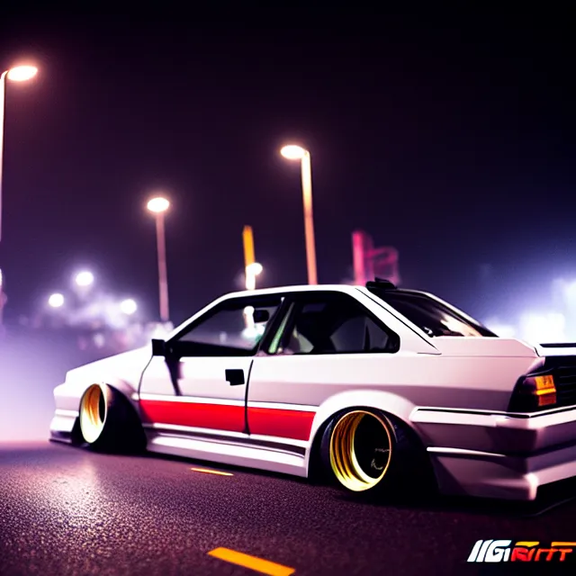 Image similar to a car R31X twin turbo drift at illegal car meet, Kanagawa prefecture, city midnight mist lights, cinematic lighting, photorealistic, highly detailed wheels, high detail