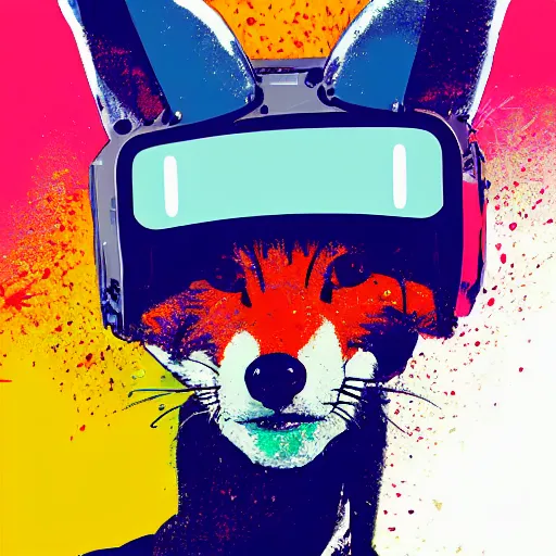 Image similar to illustration of cyberpunk fox in vr helmet, colorful splatters, by andy warhol and by zac retz and by kezie demessance