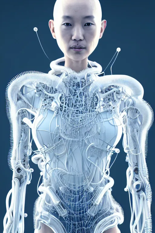 Image similar to young asian woman, iris van herpen, perfect symmetrical body, full body shot, inflateble shapes, wires, tubes, veins, jellyfish, white biomechanical details, wearing epic bionic cyborg implants, masterpiece, intricate, biopunk, vogue, highly detailed, artstation, concept art, cyberpunk, octane render