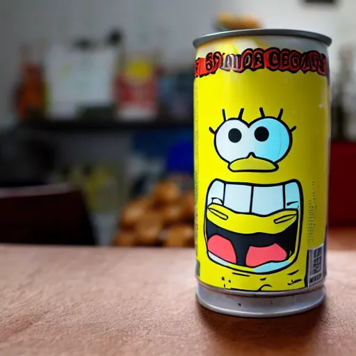 Prompt: A can of sausages with spongebob on it