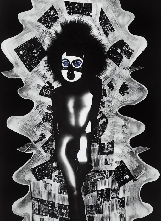 Image similar to Portrait of a punk goth fashion fractal alien girl with a television head wearing kimono made of circuits and leds, surreal photography by Man Ray