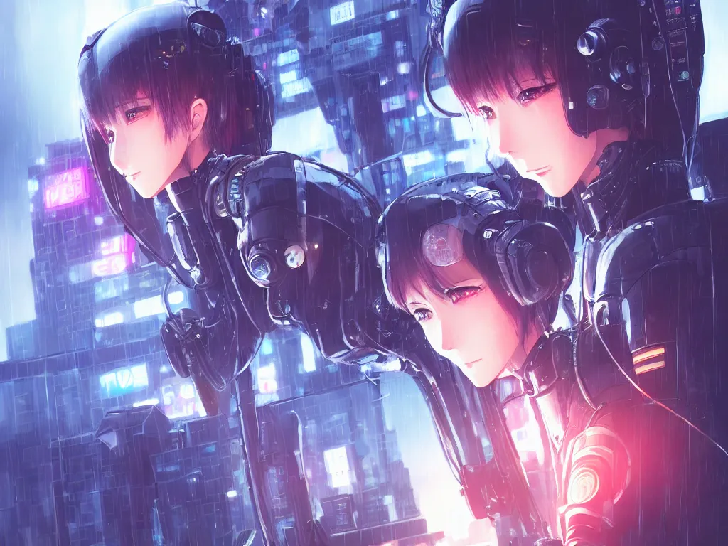 Prompt: portrait key anime visual futuristic female cyber airforce pilot, on cyberpunk neon light tokyo rainy rooftop, ssci - fi and fantasy, intricate and very beautiful, human structure, concept art, sharp focus, anime drawing by huaixuan xiang, frostine engine