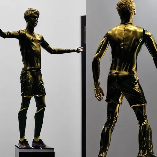 Image similar to a realistic detailed photo of a guy who is an attractive humanoid who is half robot and half humanoid, who is a male android, soccer players martin ødegaard & timo werner, shiny skin, posing like a statue, blank stare, in a museum, on display, showing off his muscles, gold soccer shorts, no jersey, collection of them, statue