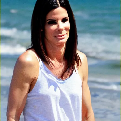 Prompt: Sandra bullock face crab body, beach landscape