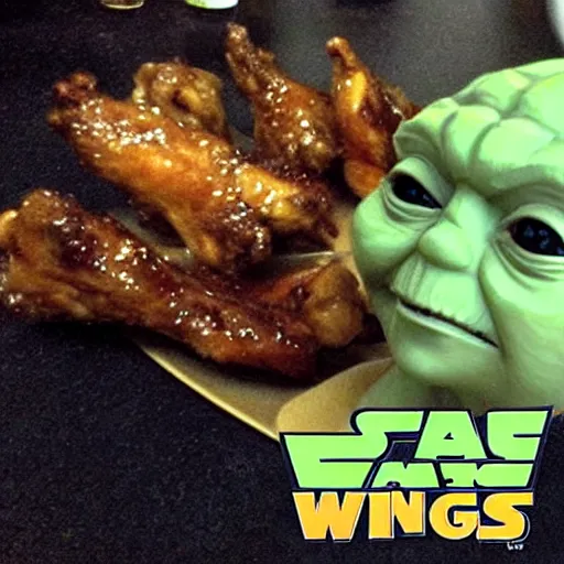 Image similar to yoda eating chicken wings