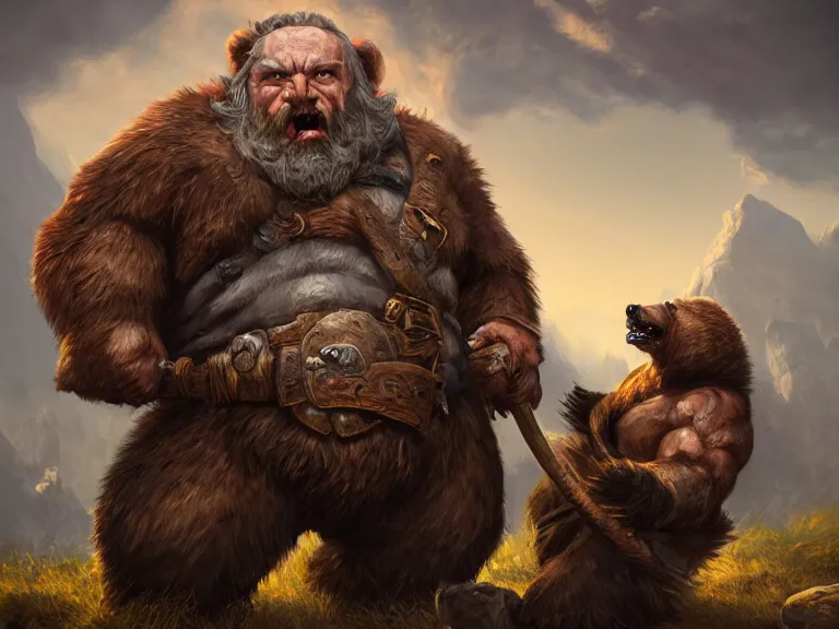 Image similar to High Fantasy Dwarf fights Grizzly Bear, RPG Portrait, Oil Painting, Trending on Artstation, octane render, Insanely Detailed, 8k, HD