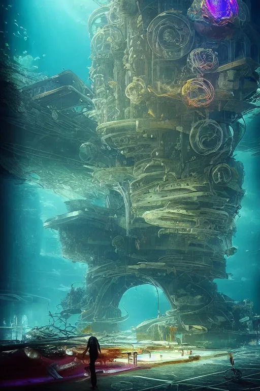 Prompt: high quality photo of cinematic underwater dystopian futurist city ruins with giant bioluminescent multicolored mutant fish and cyborg jellyfish, masterpiece, aykut aydogdu eric zener, very dramatic volumetric light, long shot, ground angle uhd 8 k, deep focus