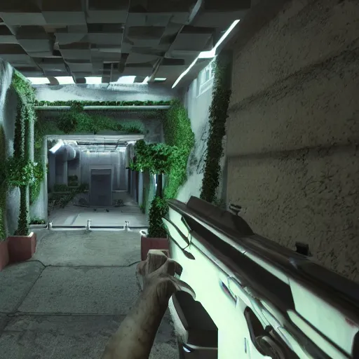 Prompt: screenshot of a first person shooter game on unreal engine 5, in a liminal underground garden, photorealistic, retrofuturism, brutalism, staggered terraces, minimalist, soft vintage glow