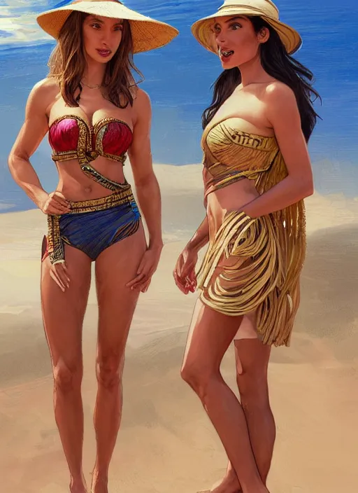 Prompt: lindsey pelas and gal gadot wearing a batik tube top and asian straw hat, digital painting, artstation, concept art, sharp focus, illustration, art by artgerm and greg rutkowski and alphonse mucha