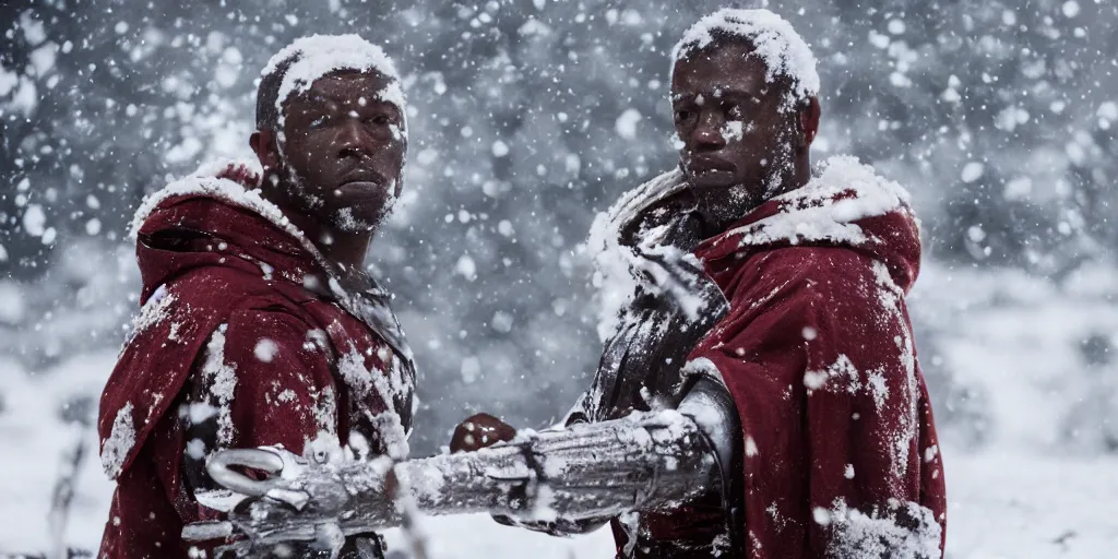 Image similar to a film still of a black man in the snow starring in a japanese blockbuster film as yoshimitsu, shallow depth of field, cinematic, award winning cgi, vfx, film still